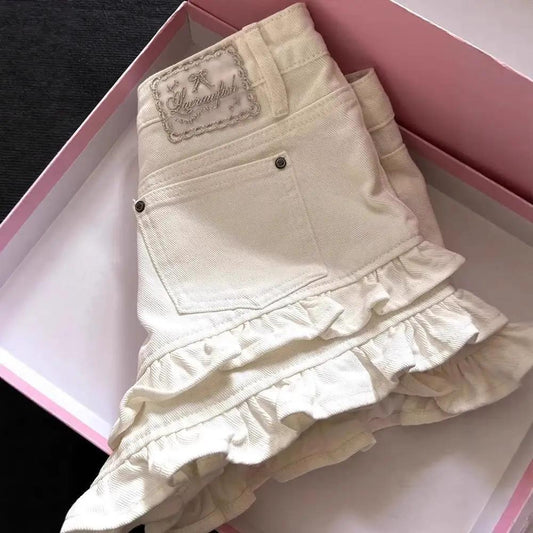 White Ruffled Panel Denim Shorts by GJG Denim