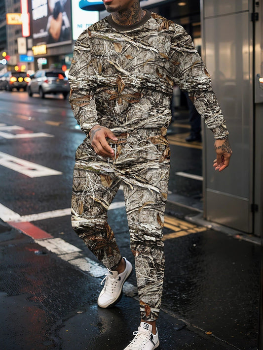 Round Neck Sweater Jungle Camouflage Sportswear Long Sleeve Two-piece Pants by GJG Denim