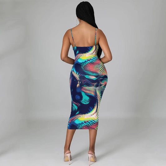Fashion Sexy Digital Print Suspender Dress by GJG Denim
