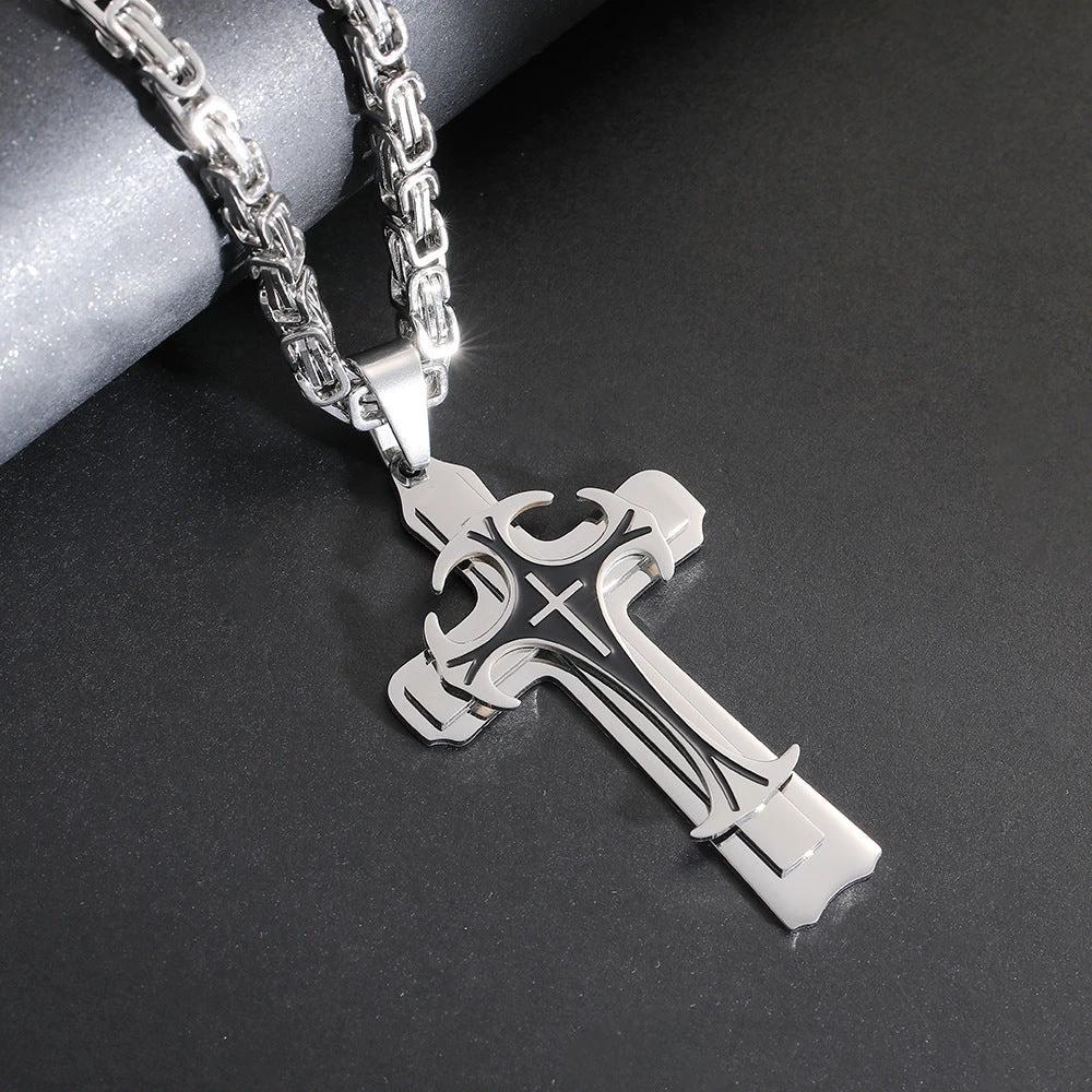 Christian Trinity Latin Cross Necklace For Men Stainless Steel Three Layers by GJG Denim