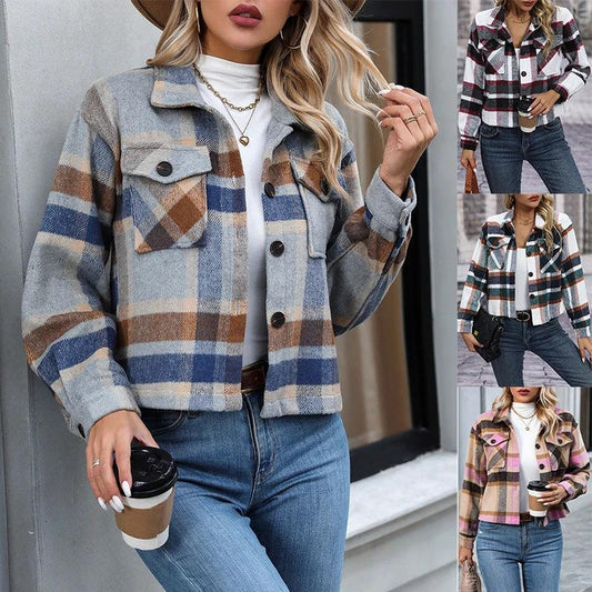 Autumn And Winter New Fashion Casual Pocket Plaid Women's Woolen Short Coat by GJG Denim