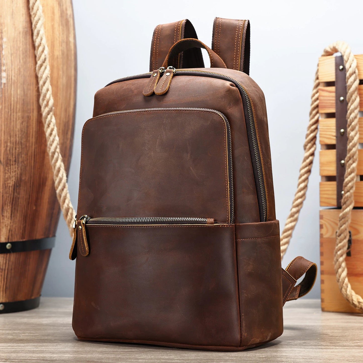 Men's Large Capacity Leather Backpack by GJG Denim