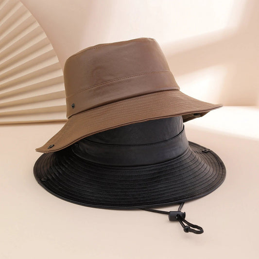 Solid-color Glossy PU Leather Windproof Wide-brimmed Sunshade, Sweet And Cool Street Style Fisherman's Hat, Daily Commuting, Outings, Shopping by GJG Denim