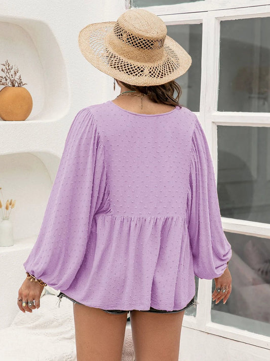 Plus Size Swiss Dot Tie Neck Long Sleeve Blouse by Lady Ros