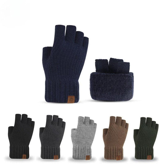 Men's Outdoor Knitted Thermal Fleece-Lined Half-Finger Gloves by GJG Denim