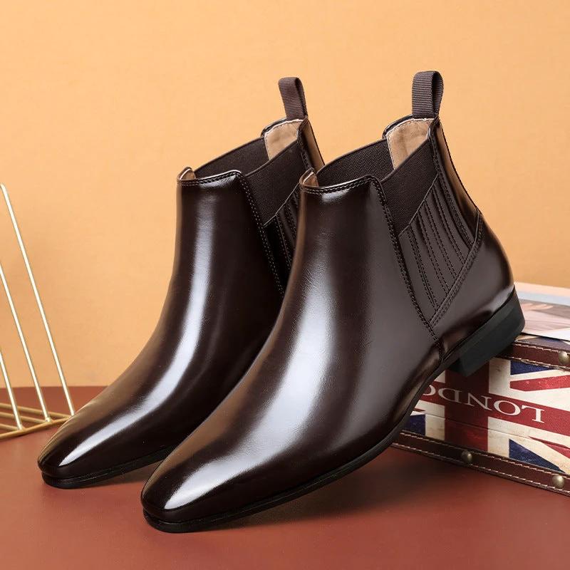Men's Pointed Toe Chelsea-style Boots Square Heel Business Formal Leather Shoes by GJG Denim
