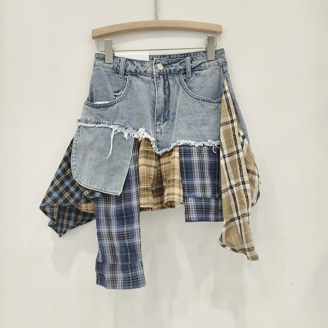 Irregular Hem Patchwork Denim Skirt For Women by GJG Denim