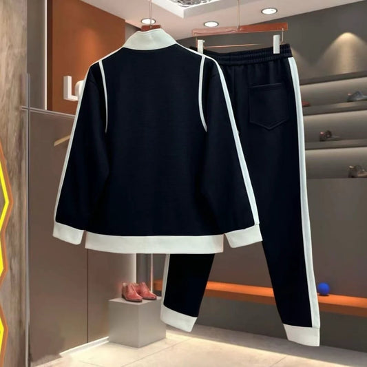 Men's Casual Color-block Long-sleeve Stand-collar Jacket And Slim-fit Jogger Pants Set by GJG Denim