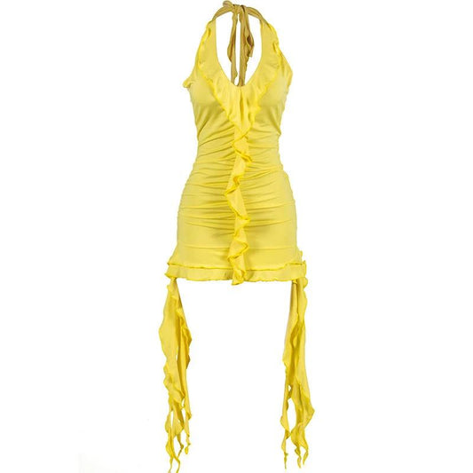 Low Necked Wooden Ear Edge Irregular Wrap Buttocks Short Dress by GJG Denim