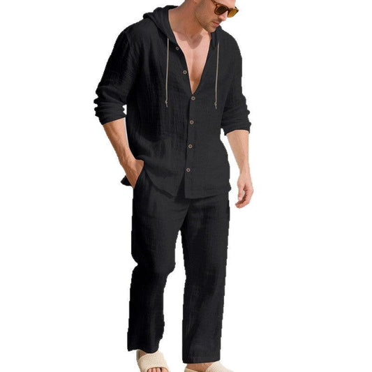Loose, Breathable Linen Casual Hooded Long-sleeve Shirt And Pants Set by GJG Denim