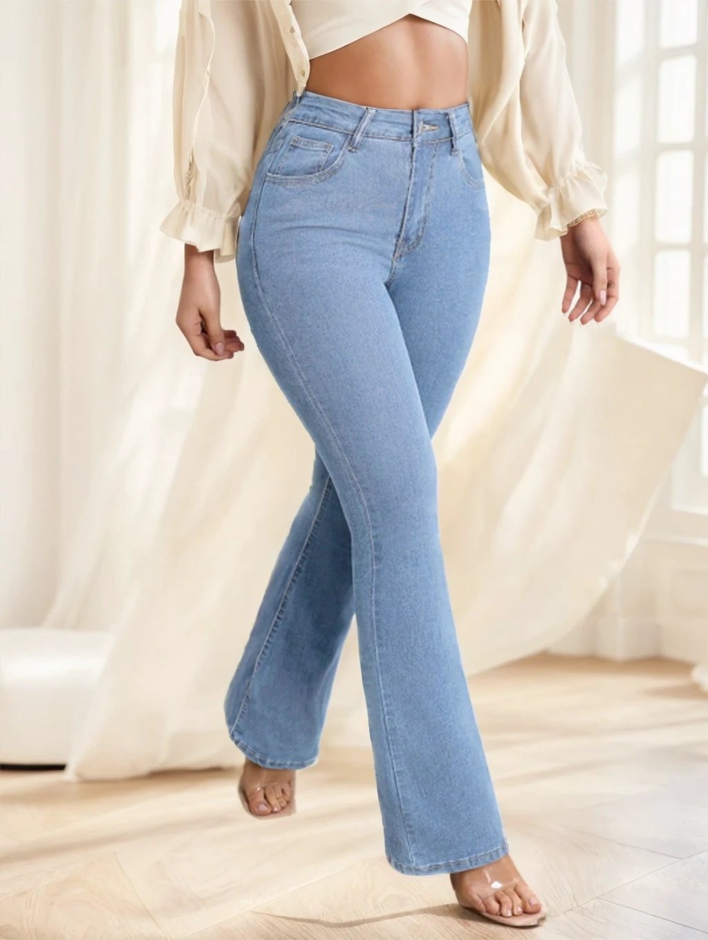 Women's Button Front Pocket Simple Design Casual Denim Long Pants by GJG Denim