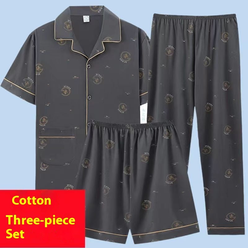 Men's Pajamas Cotton Short Sleeve Trousers Three-piece Set by GJG Denim