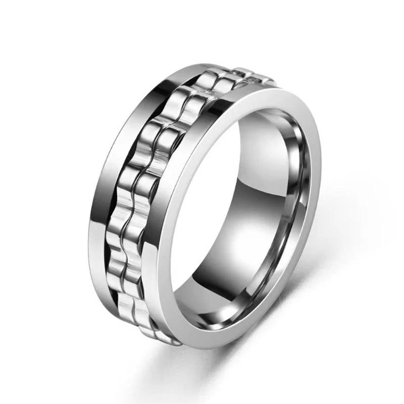 Men's Titanium Spinner Square Texture Polished Stainless Steel Gear Rotating Anxiety Fidget Rings by GJG Denim