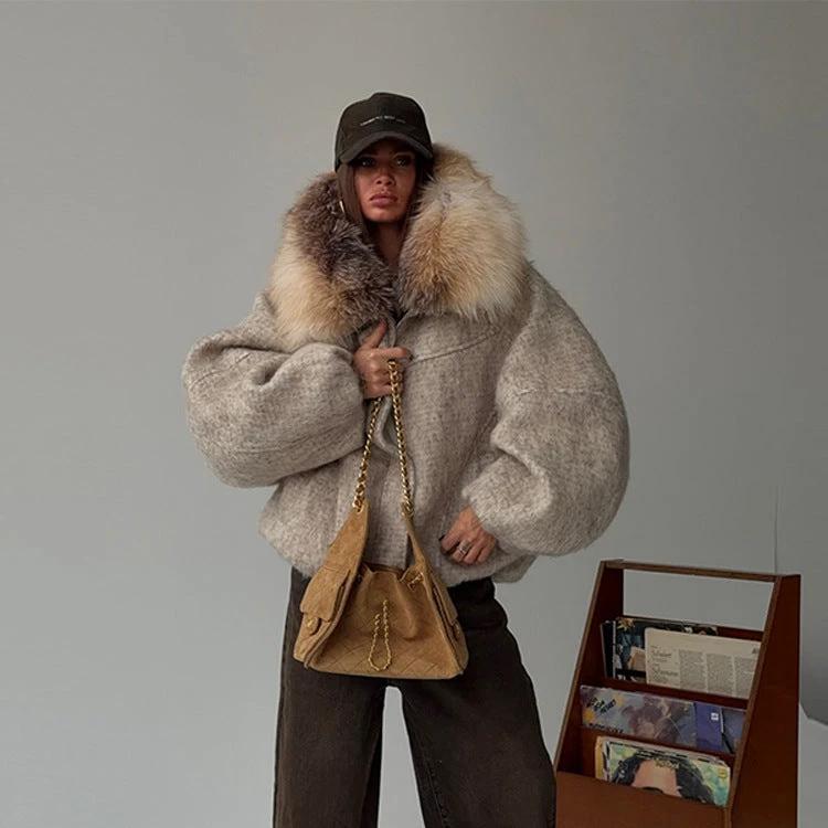 Womens Stylish Woolen Coat With A Big Fur Collar And Zipper by GJG Denim