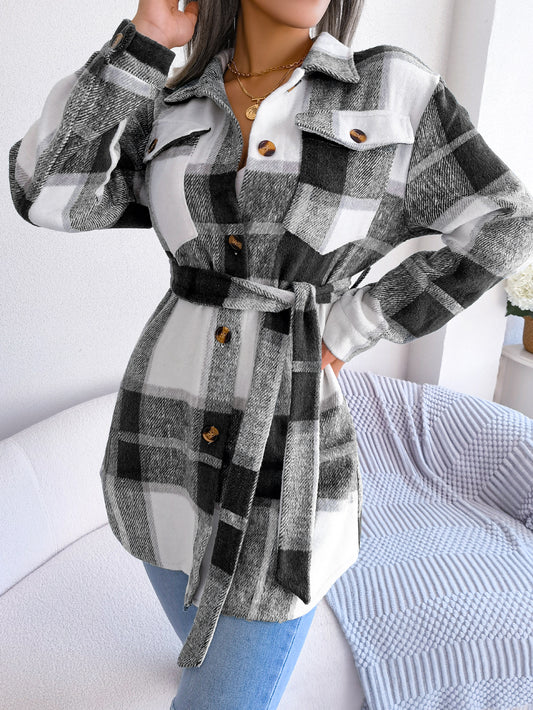 Women's Color-Blocked Plaid Long Sleeve Tie-Waist Thick Tweed Coat by GJG Denim