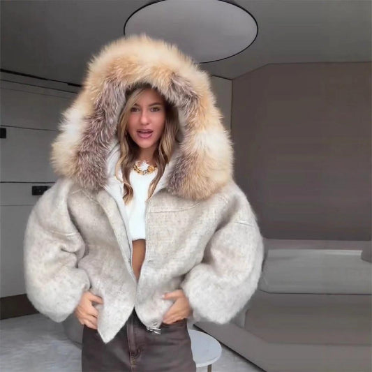 Womens Stylish Woolen Coat With A Big Fur Collar And Zipper by GJG Denim