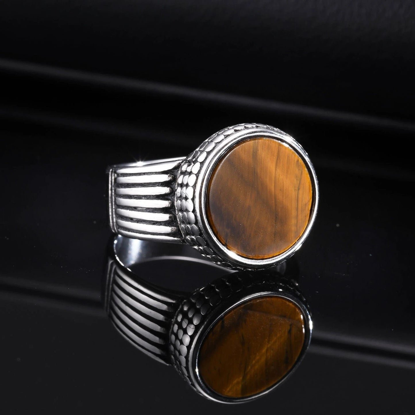 Stainless Steel Men's Tiger Eye Stone Cast Ring Vintage Style