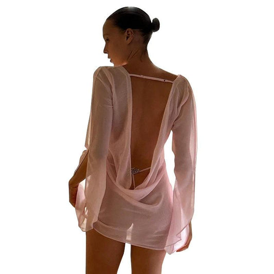 Women's Sheer Long Sleeve Backless Dress by GJG Denim