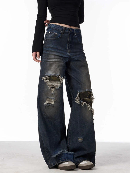 Distressed Camouflage Patch Ripped Jeans Women Loose Straight-leg Wide-leg Pants by GJG Denim