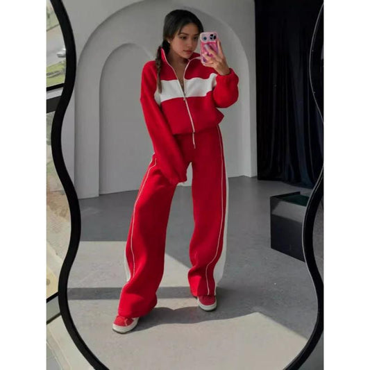 Women's Casual Advanced Contrast Color Comfortable Loose Sweater Pants Suit by GJG Denim