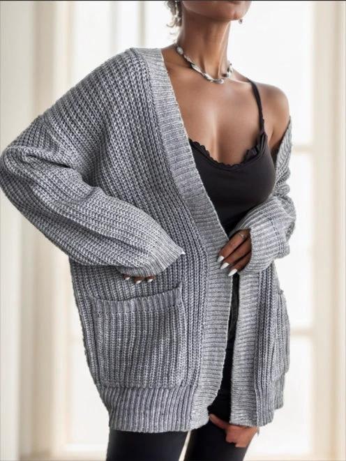 Chiquease Solid Dual Pockets Ribbed Knit Cardigan,Long Sleeve Tops by GJG Denim