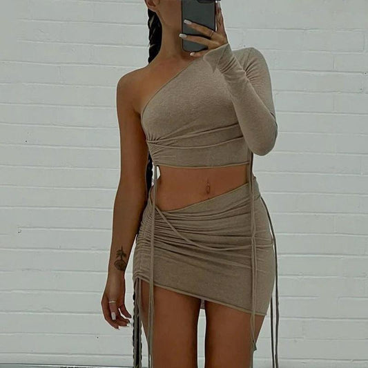 One Shoulder Midriff-baring Top Side Drawstring Skirt Set by GJG Denim