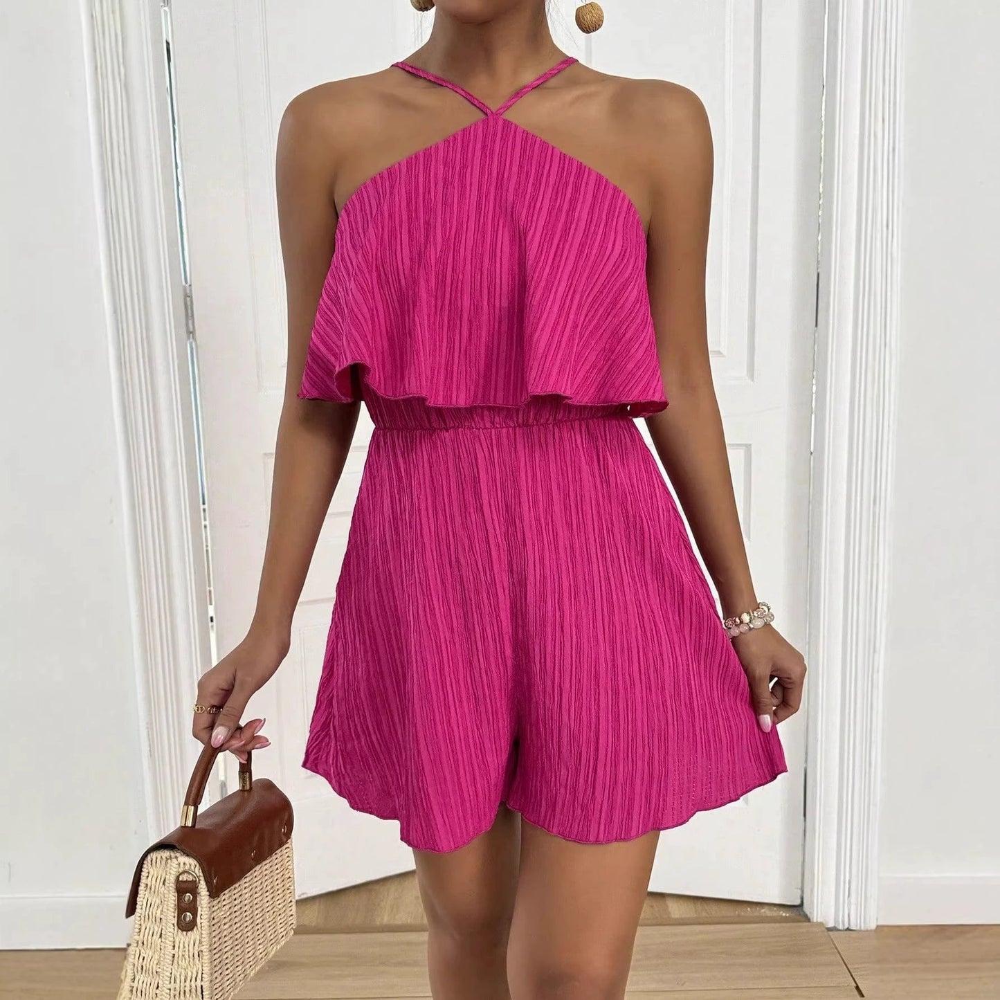 Stylish Crinkled Fabric Halterneck Ruffled Jumpsuit by GJG Denim