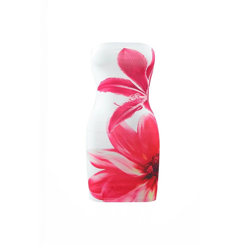 Women's Tube Top Flower Print Slim Sheath Short Dress by GJG Denim