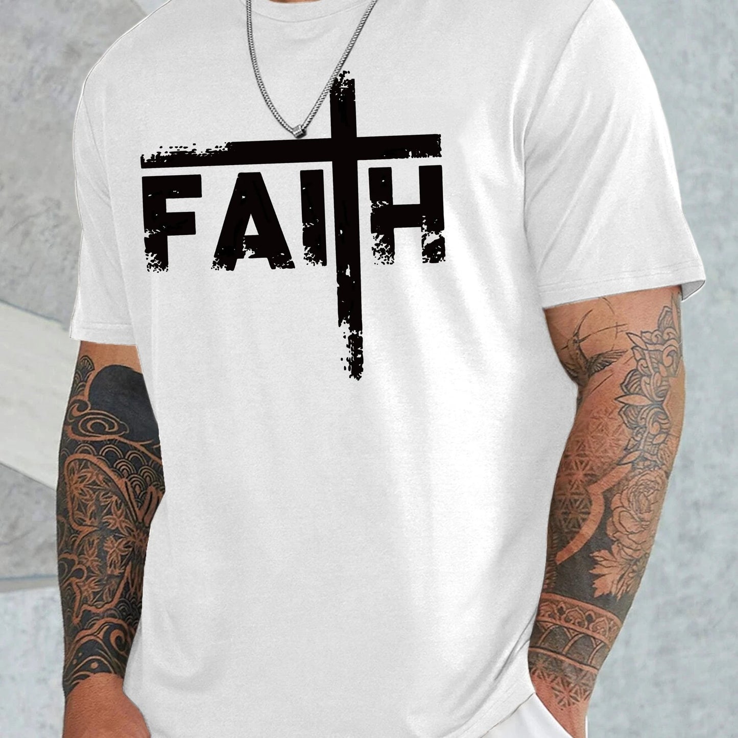 Large Men's Casual Fashion Sports T-shirt, Faith Pattern Round Neck Comfortable T-shirt Summer Clothing by GJG Denim