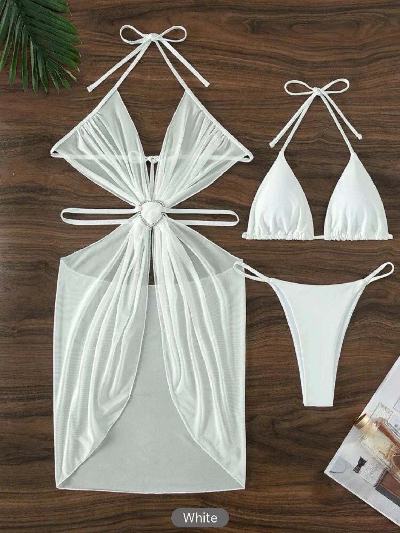 3pcs Halter Neck Bikini Beach Summer Solid Color Split Swimsuit Womens Clothing by GJG Denim