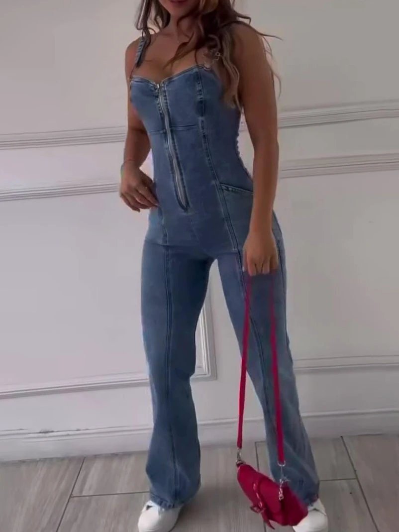 Sleeveless Paneled Zipper Denim Jumpsuit by GJG Denim