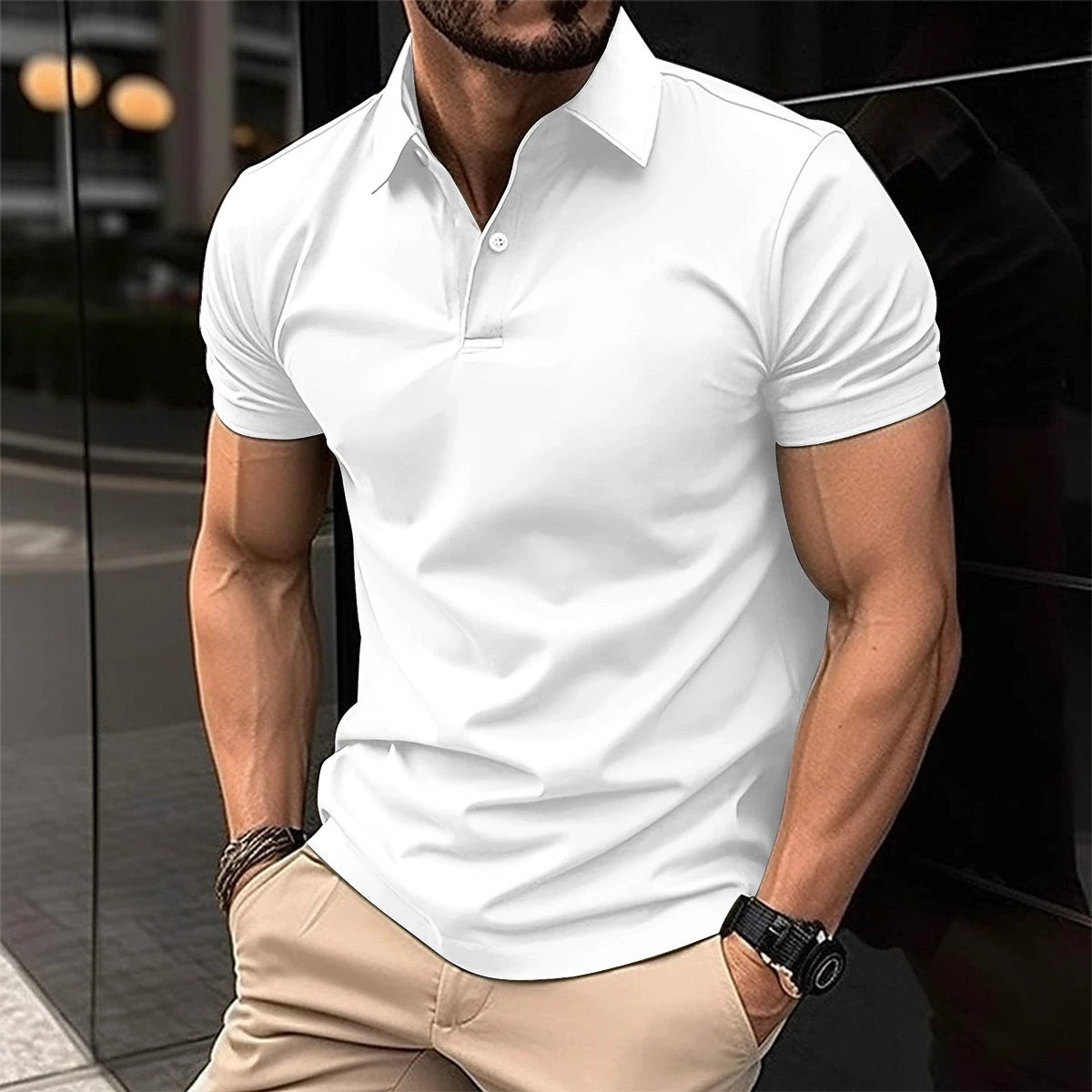 Short Sleeve Polo Shirt Men Solid Color Button Lapel Button Top by GJG Denim
