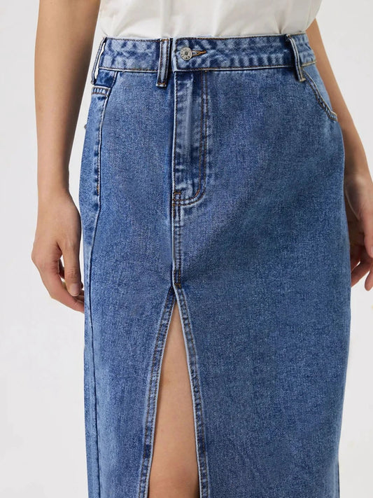 Slit Midi Denim Skirt with Pockets by Lady Ros
