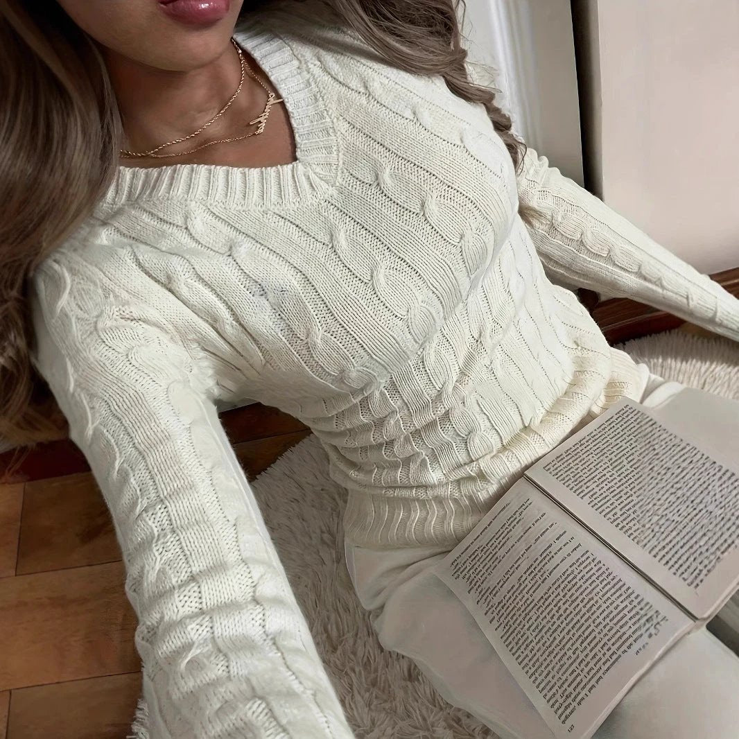 V-neck Cable-knit Sweater Versatile Long-sleeve Knit Top by GJG Denim