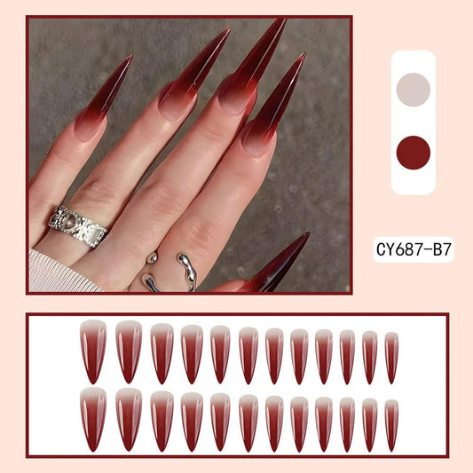 Foreign Trade Hot Selling Wearable Nail Sticker Elegant White Drop Shape Wine Red Gradient Fake Nail Patch Nails by GJG Denim