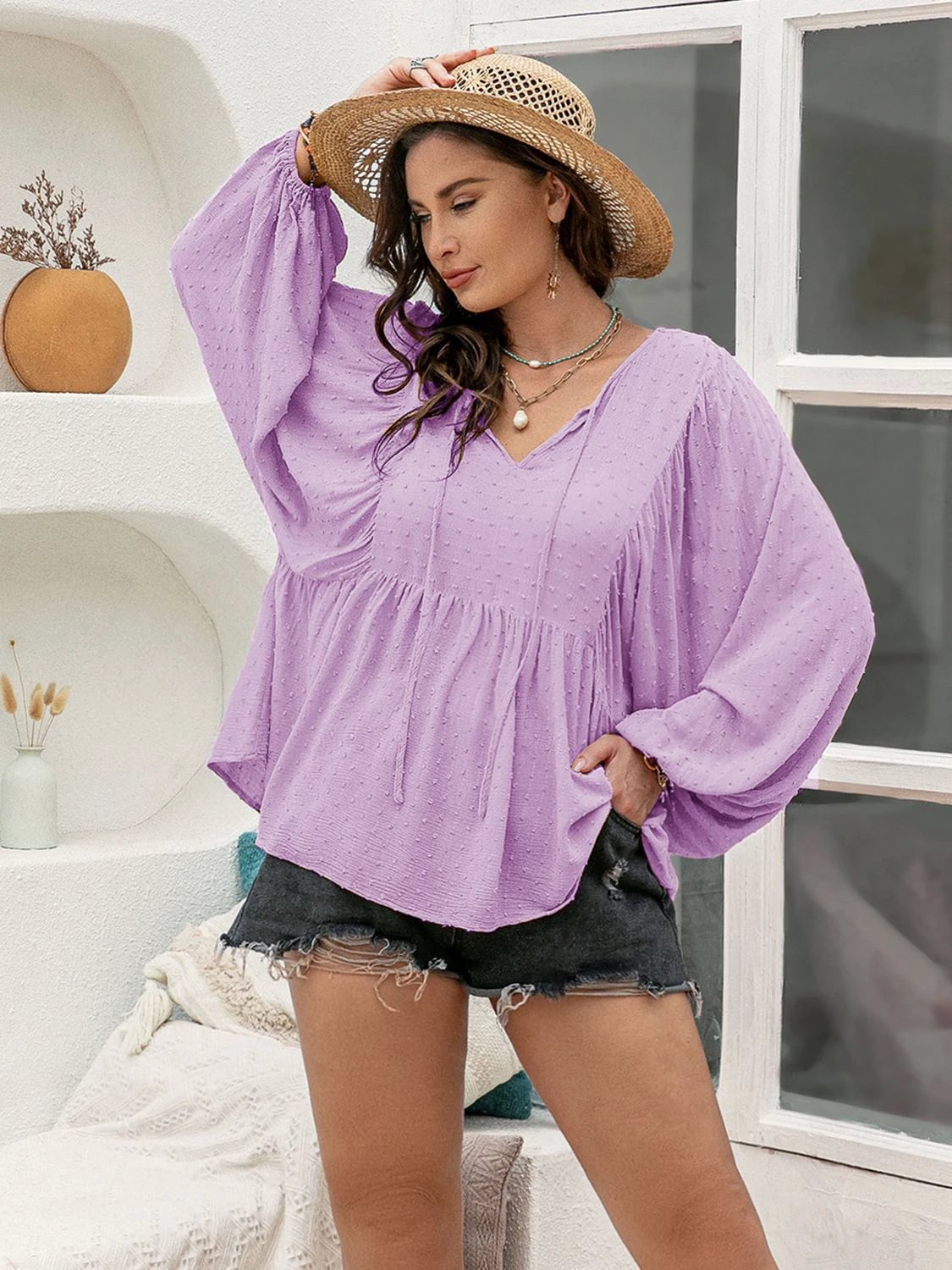 Plus Size Swiss Dot Tie Neck Long Sleeve Blouse by Lady Ros