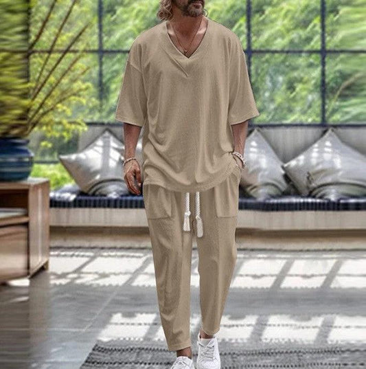 Men's Solid Color V-Neck Pullover Short-Sleeve Drawstring Pocket Design Pants Set by GJG Denim