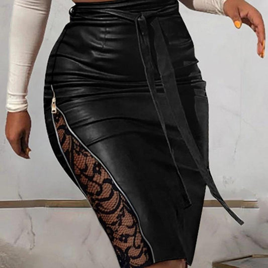 New Sexy Split Lace Stitching Slim-fit Lace Up Leather Skirt by GJG Denim