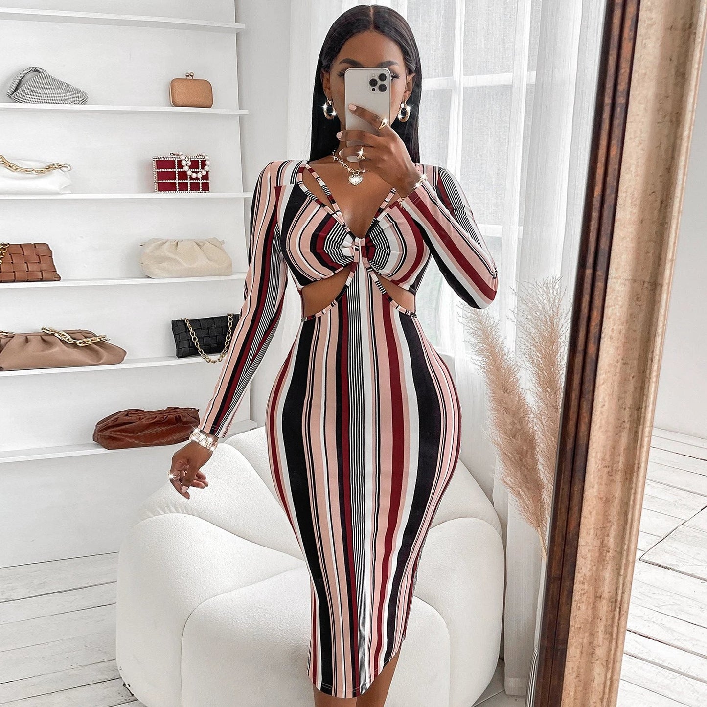 Women's Wrap Chest Striped Long Sleeve Dress by GJG Denim
