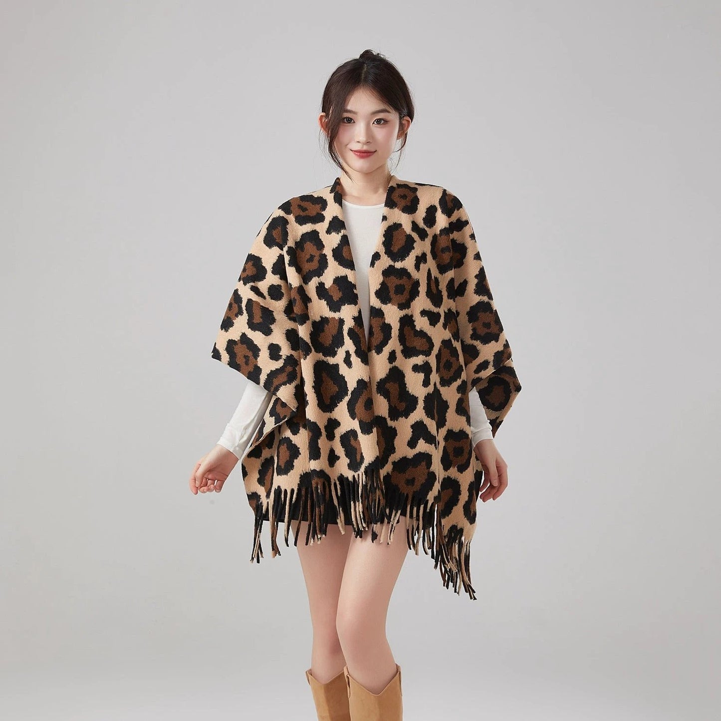 Thick Warm Vintage Leopard Print Tassel Shawl by GJG Denim