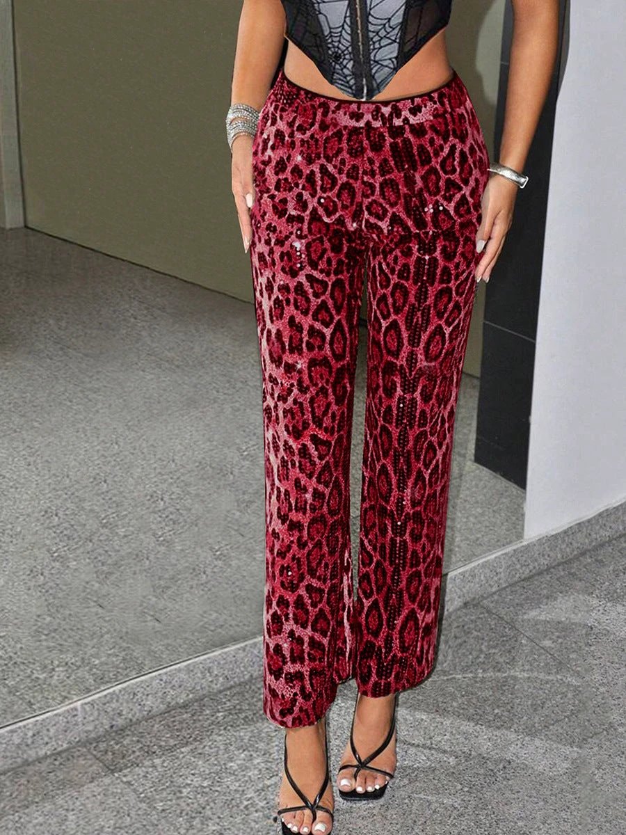 Printed Sequins Leopard Print European And American Straight-leg Trousers by GJG Denim