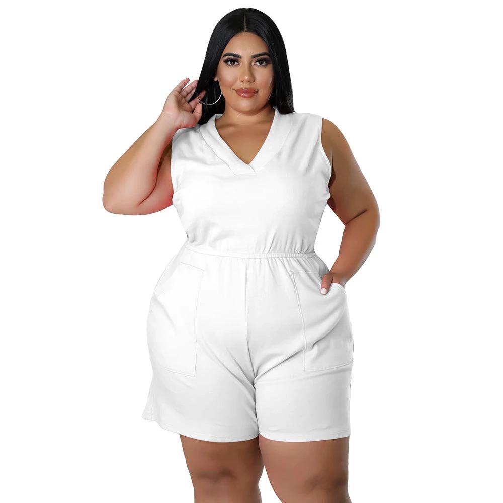 Plus Size Women's V-neck Solid Color Sleeveless Casual Waist Overalls by GJG Denim