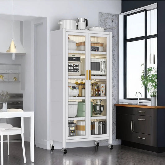 Open-door Kitchen Shelving Floor-to-ceiling Multilevel Household Microwave Storage Cabinet Bowls Side Cabinets Cabinets Storage Cabinets White Color by GJG Denim