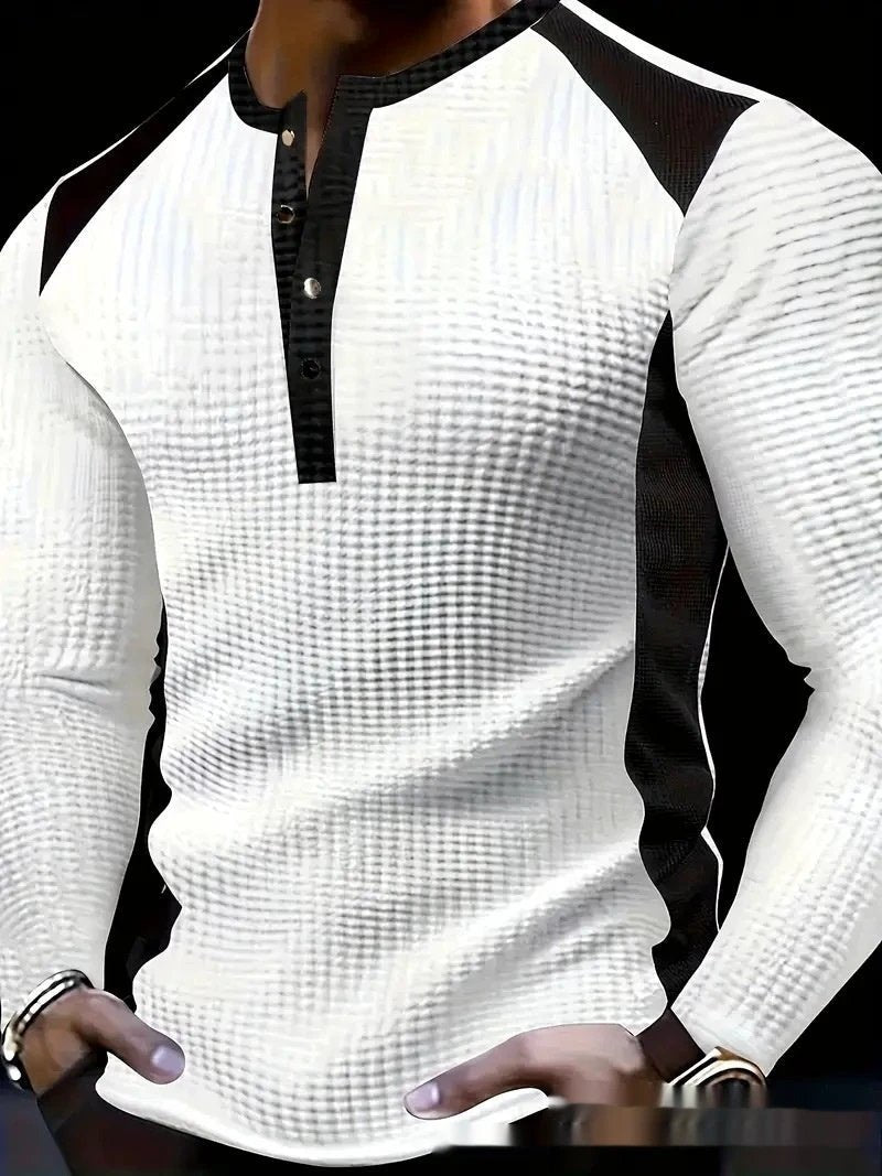 Men's Long-sleeve Shirt With Patchwork Jacquard Design Loose Fit by GJG Denim