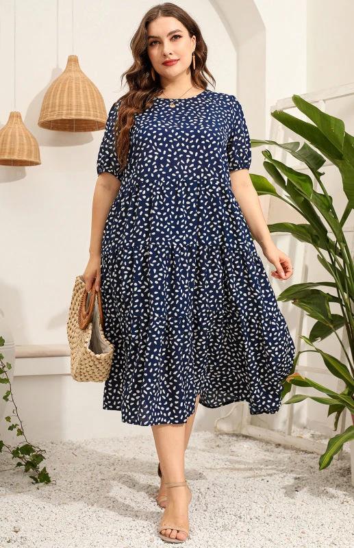 Maternity Dress - Plus Size Short Sleeve Puffed Sleeve Print Dress by Lady Ros
