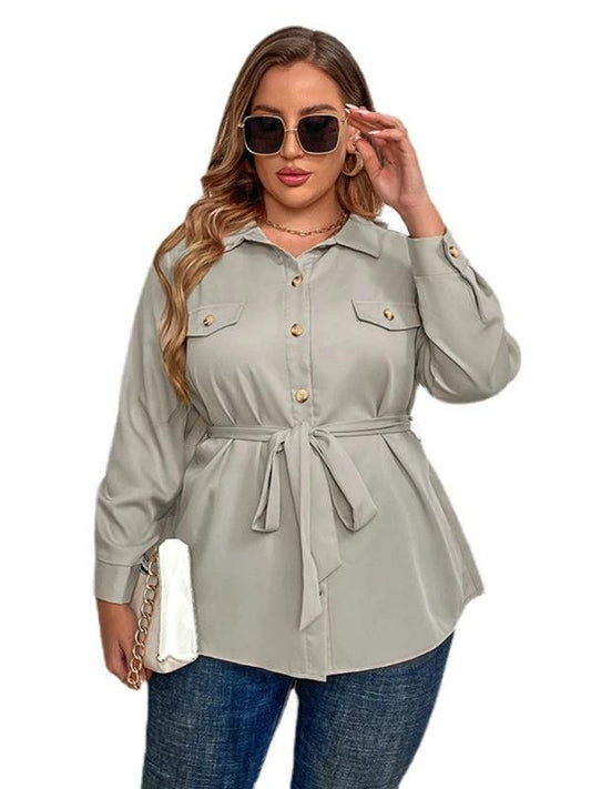 Plus size temperament commuter tie lapel cardigan shirt jacket by Lady Ros