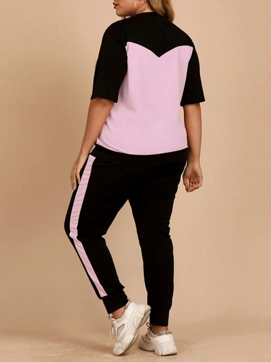 Plus Size Women's Contrasting Color Round Neck Top Elastic Waist Trousers Loose Casual Sports Suit by Lady Ros