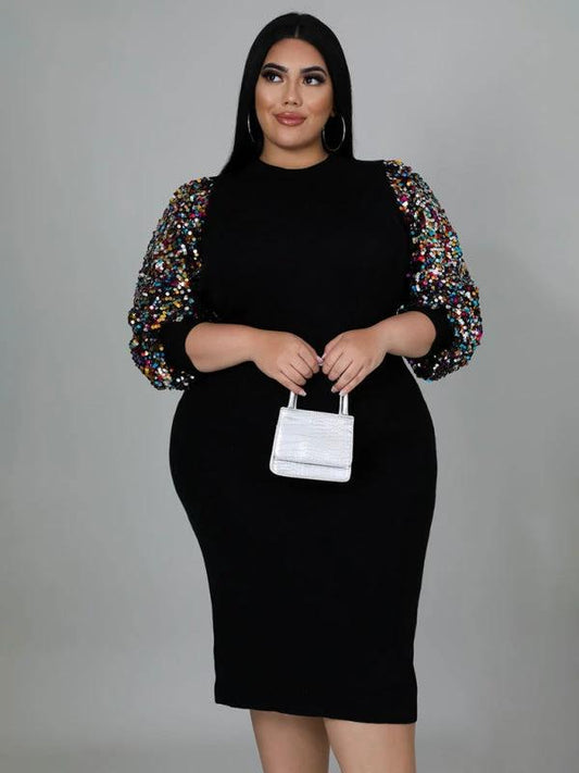Modern Plus Size Ladies Sexy Solid Color Sequin Puff Sleeve Dress by Lady Ros