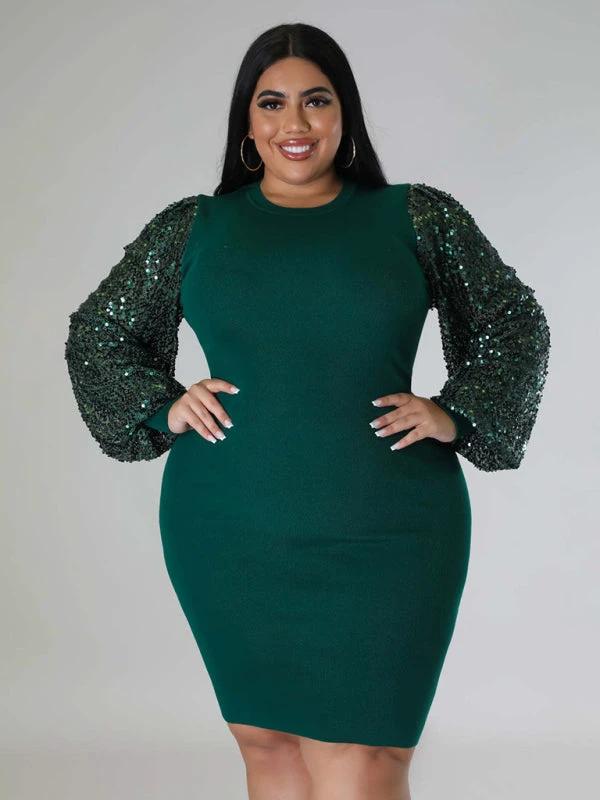 Modern Plus Size Ladies Sexy Solid Color Sequin Puff Sleeve Dress by Lady Ros