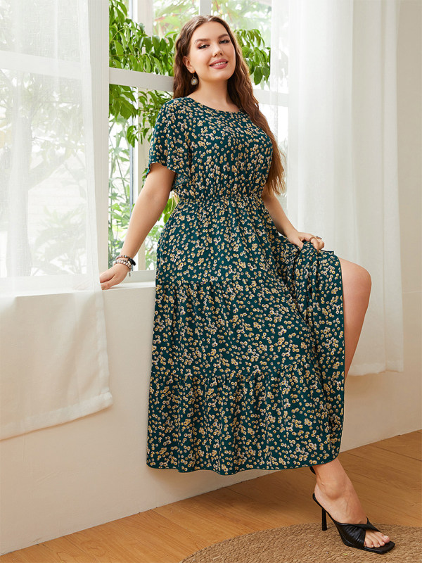 Plus size women's casual round neck printed waist dress by Lady Ros